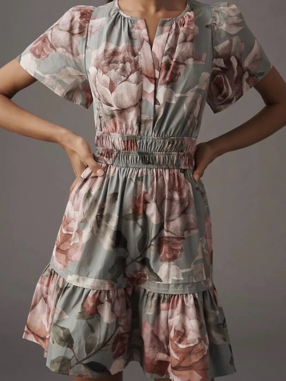 Anthropologie Sage Green Floral Smocked Mini Dress with Blush Roses
